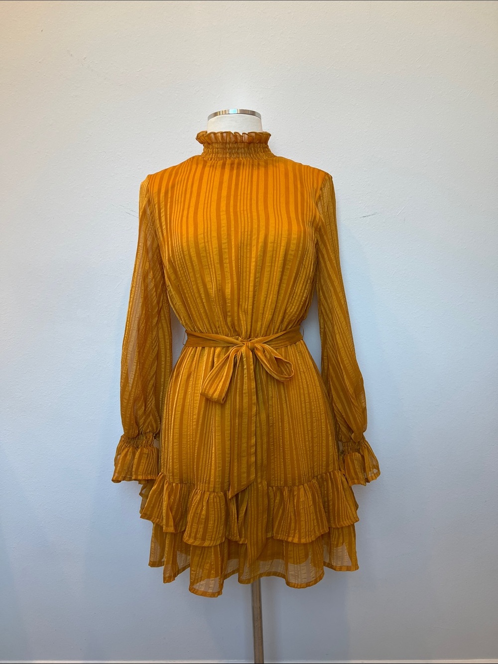 Lulu's Mustard Long-Sleeve Tie-Waist Ruffle Dress